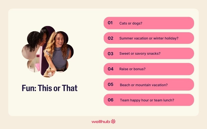 This or that infographic with choices about personal preferences like pets, vacations, snacks, bonuses, and team activities
