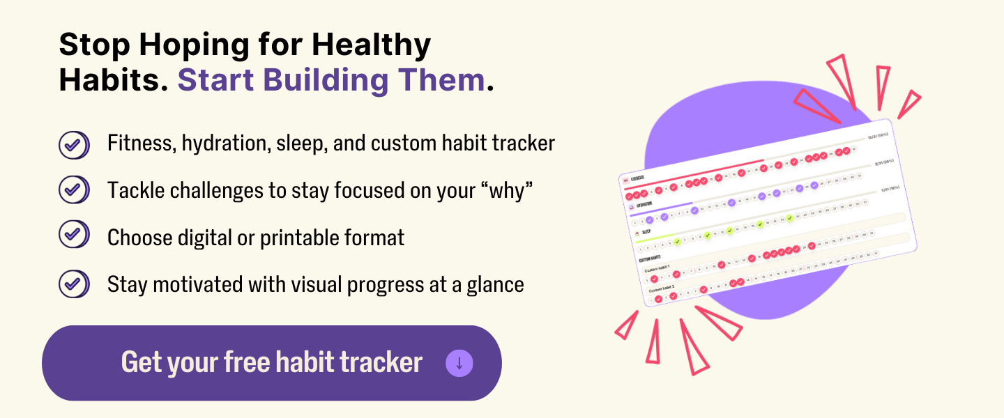 Promotional graphic for a habit tracker with checklist benefits and a button that says “Get your free habit tracker.” Includes an image of a colorful digital tracker layout.