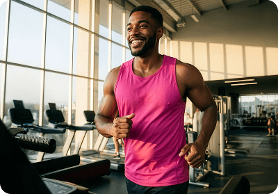 A smiling Black man in a pink tank top running on a treadmill in a sunlit gym