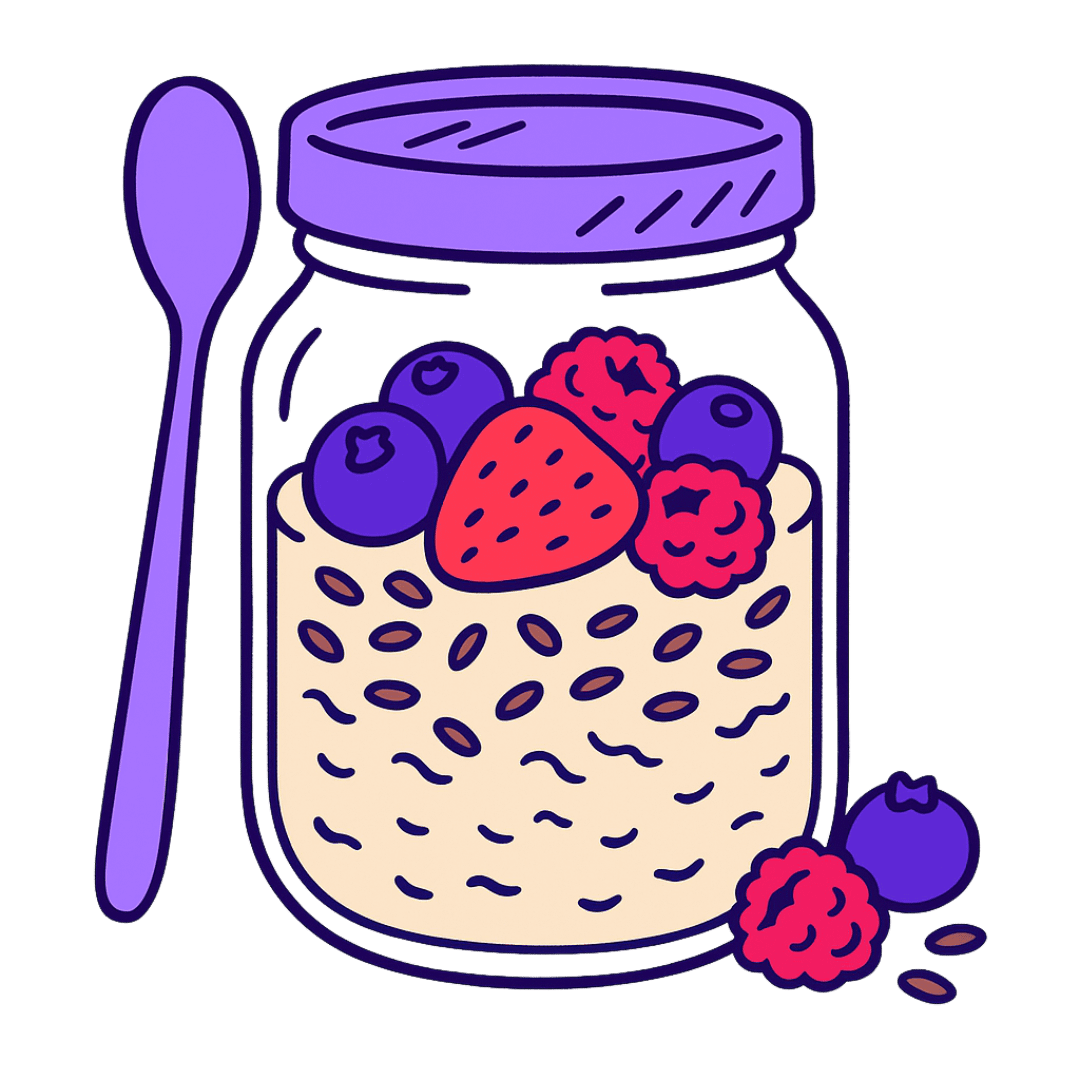 Jar of oatmeal topped with blueberries, raspberries, and a strawberry, with a spoon.