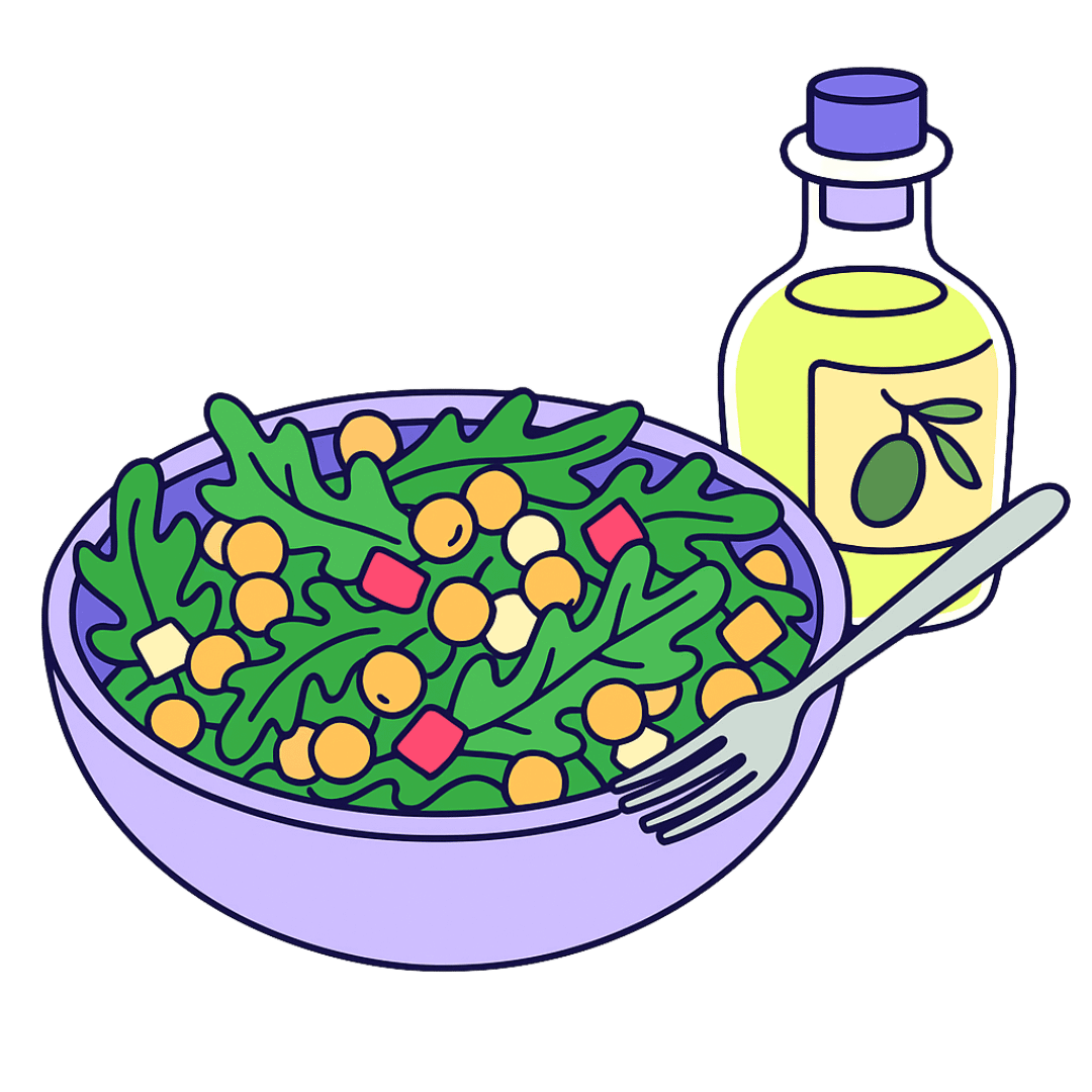 Bowl of arugula salad with chickpeas, diced veggies, and a bottle of olive oil.