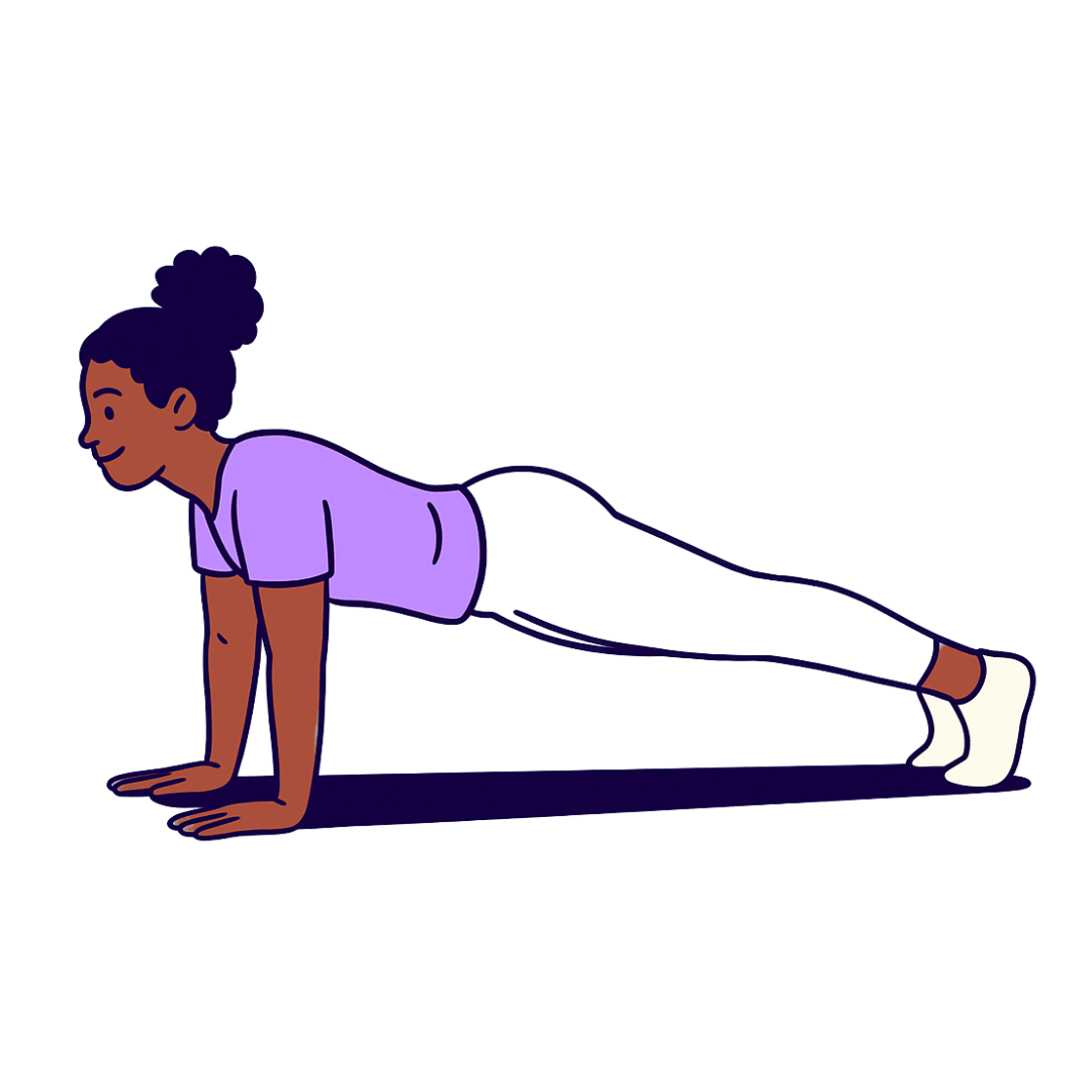 Black woman holding a high plank position with arms extended, body in a straight line, on a mat.