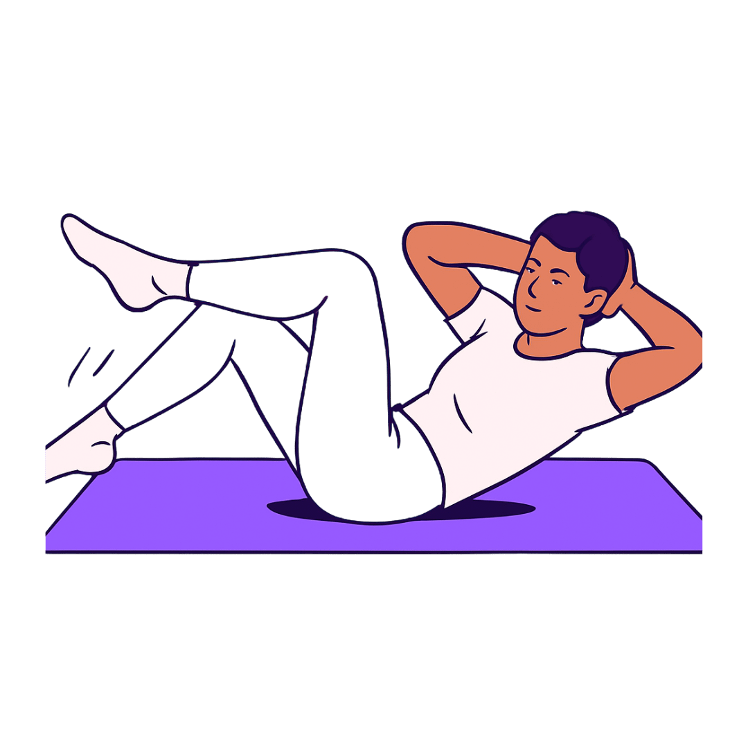 Person lying on a mat doing a bicycle crunch with elbows bent and knees alternating.