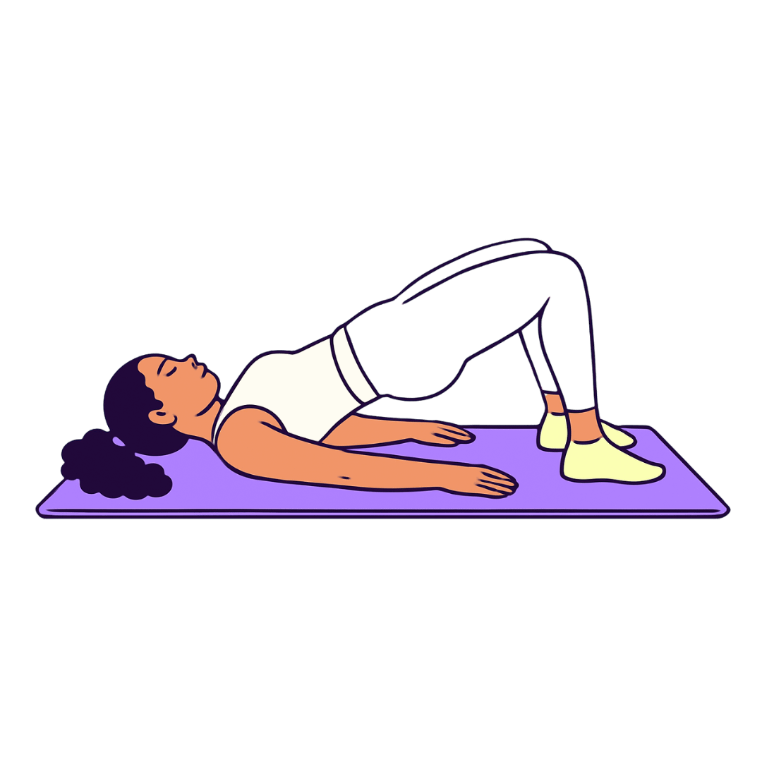Woman lying on back with knees bent and hips lifted in a glute bridge pose.