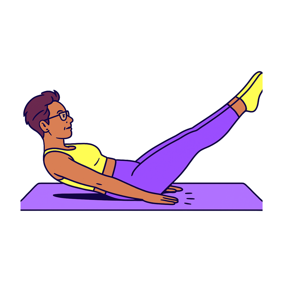 Person lying on mat with legs raised and arms extended, holding a Pilates hundred pose.