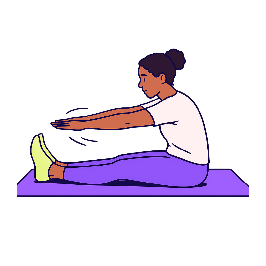 Person seated with legs extended, reaching forward toward toes in a roll-up motion.