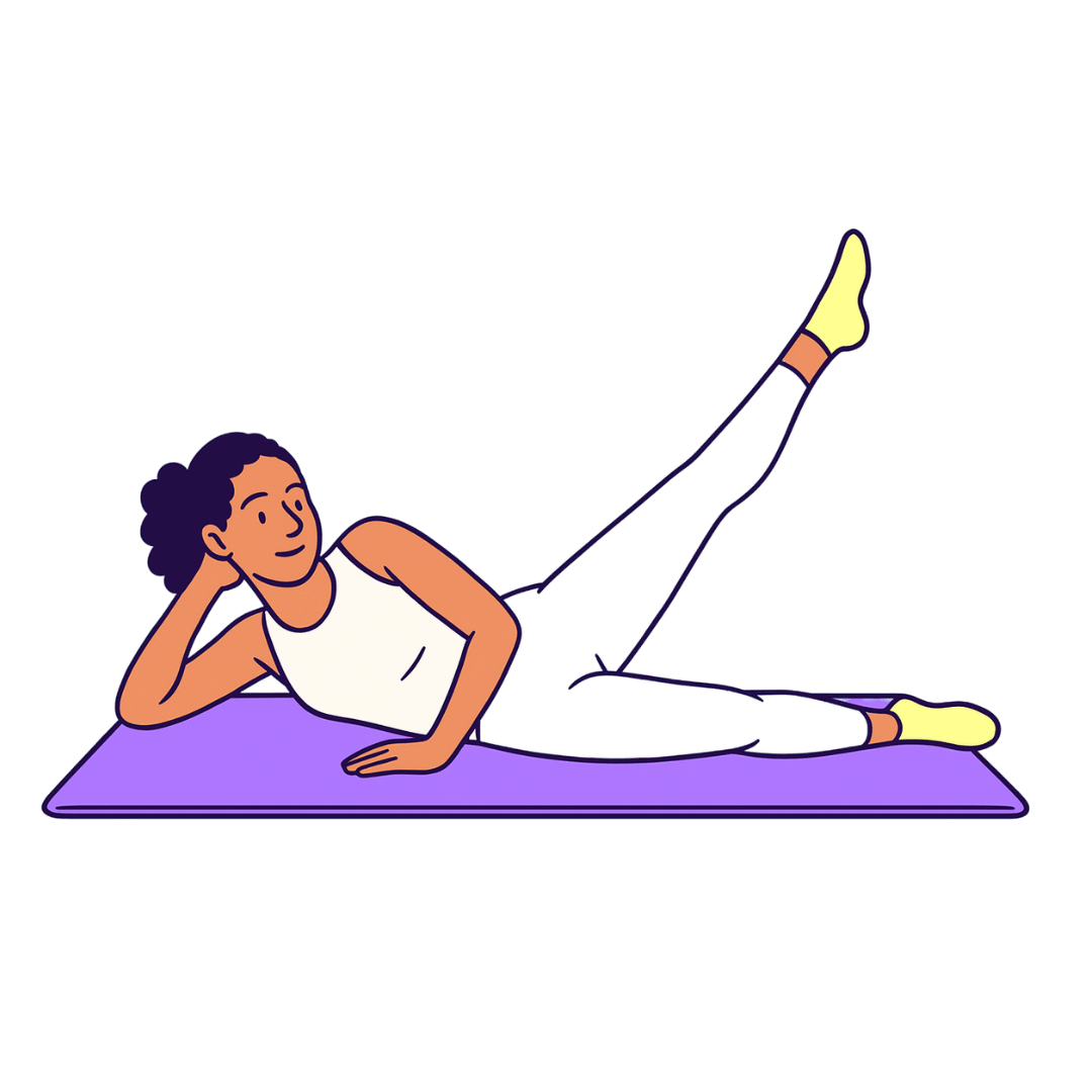 Person lying on one side, propped on elbow, lifting top leg upward.