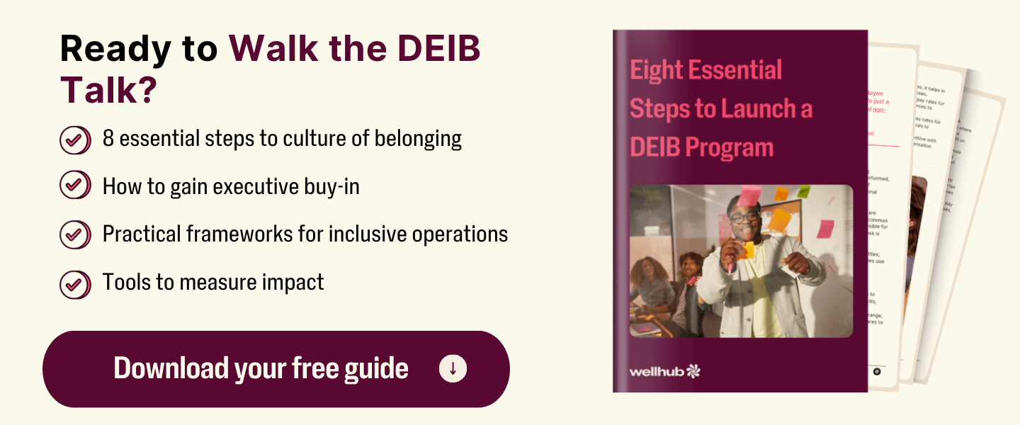 Promotional image for a free DEIB guide by Wellhub teasing benefits like fostering belonging, securing executive buy-in, applying inclusive frameworks, and measuring impact. Guide cover and download button shown.