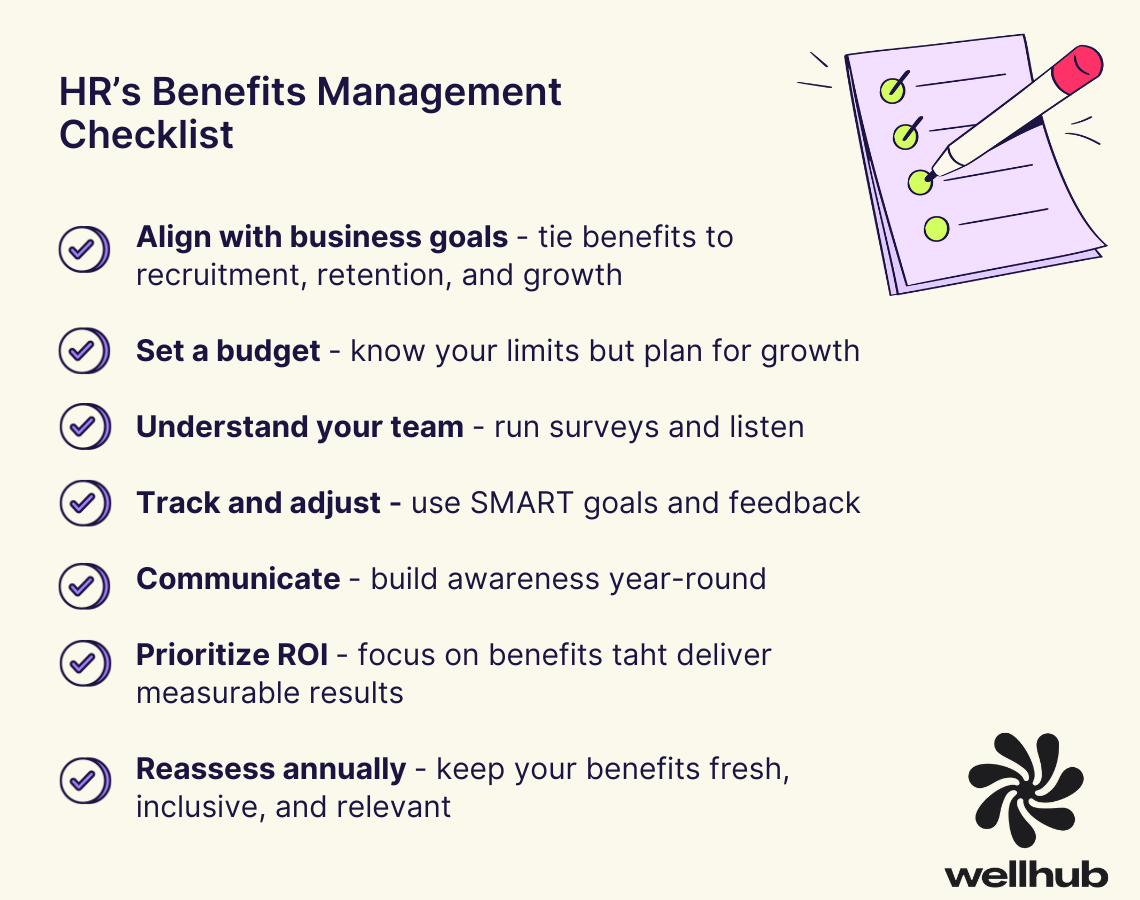 HR benefits management checklist with steps like align with goals, set budget, understand team, track, communicate, prioritize ROI, and reassess annually, alongside an image of a checklist and pencil.