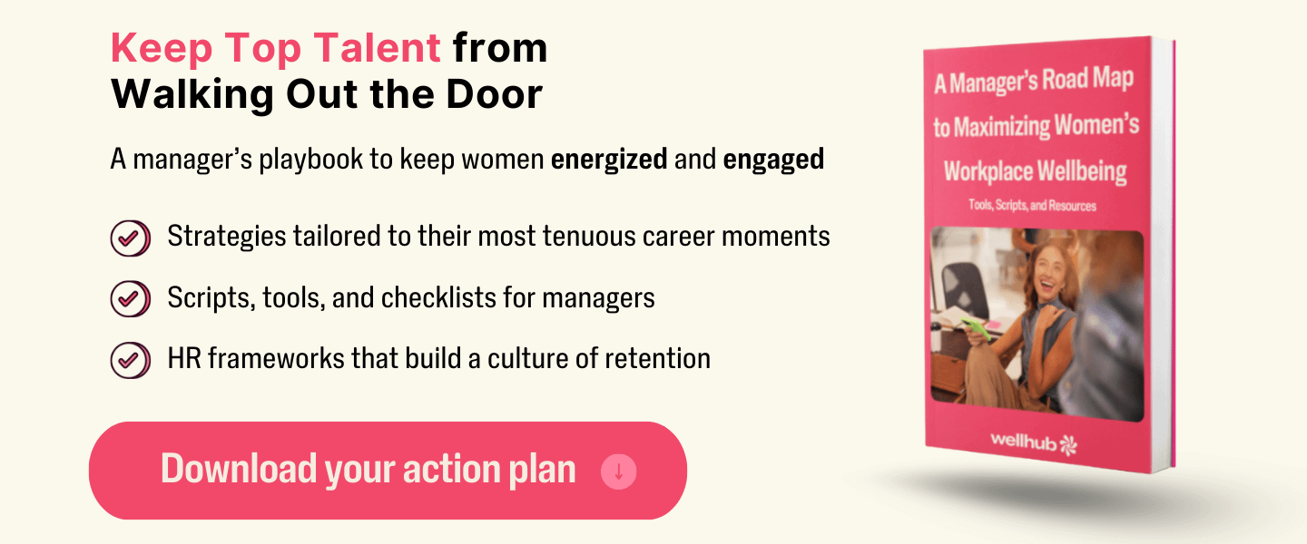 Promotional graphic for a manager’s playbook to retain women employees, highlighting benefits like tailored strategies, scripts and tools for managers, and HR frameworks for retention. Includes a download button and image of the guidebook.