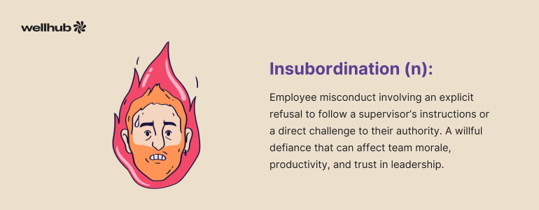 Insubordination: Employee misconduct involving an explicit refusal to follow a supervisor’s instructions or a direct challenge to their authority. A willful defiance that can affect team morale, productivity, and trust in leadership.