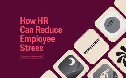 Title reading "How HR Can Reduce Employee Stress" with logos of relevant wellness apps that can be used on Wellhub
