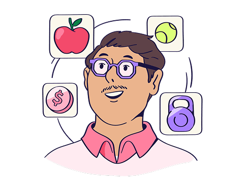 A smiling man with glasses surrounded by icons representing health, finance, fitness, and sports in a flat illustration style.