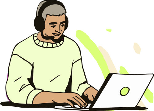 Illustration eines Mannes mit Headset, der lächelnd an einem Laptop mit limettengrünen Akzenten arbeitet.