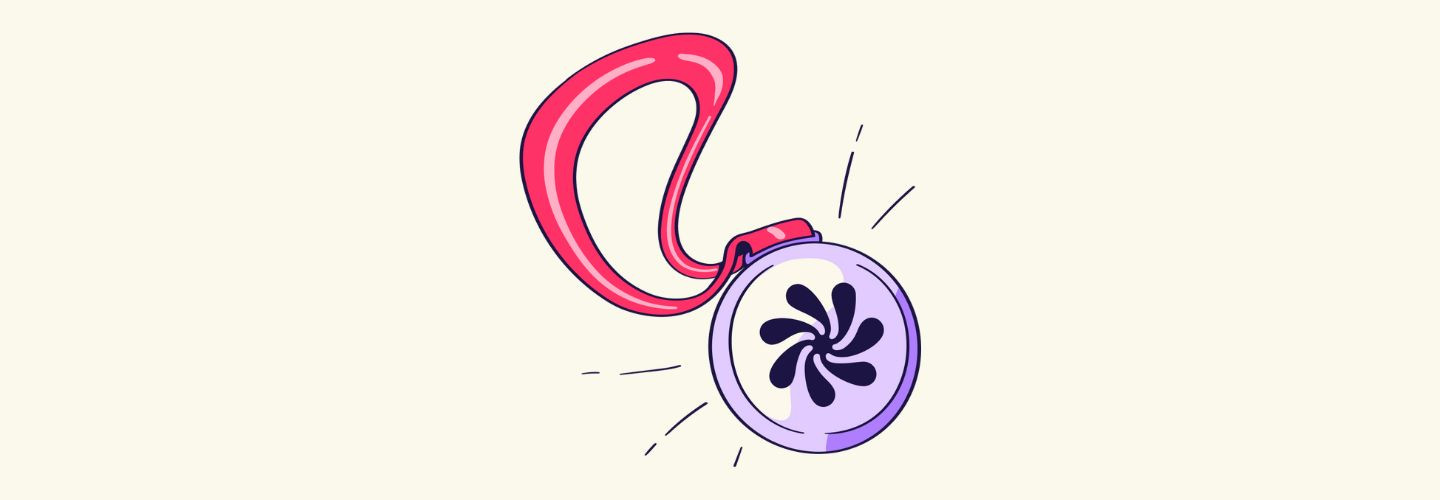 Illustration of a purple medal with a pink ribbon, featuring a black swirl logo in the center, symbolizing achievement or reward.