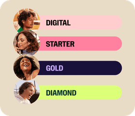 Lista de planos de assinatura: Digital, Starter, Gold e Diamond, acompanhados por fotos circulares de pessoas diferentes.