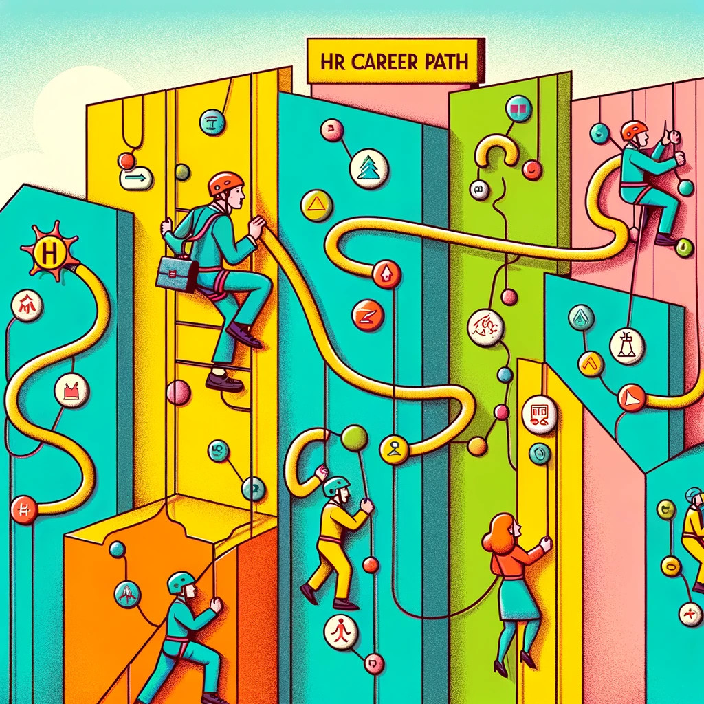 A colorful cartoon of HR leaders scaling a rock wall labelled