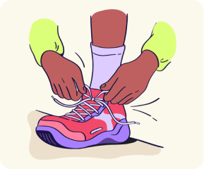 Ilustração em estilo cartoon de mãos amarrando o cadarço de um tênis esportivo colorido e moderno.