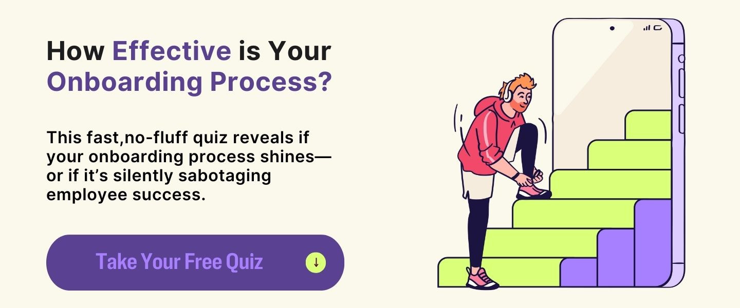 Quiz promo with bold text asking how effective your onboarding process is, followed by a description of a quick quiz that uncovers whether your process supports or hinders employee success. Includes a call-to-action button to take the free quiz.
