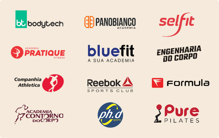 Grade com logotipos de várias redes de academias e estúdios de ginástica, incluindo Bodytech, Bluefit, Selfit e outros.