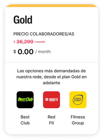 Se muestra una tarjeta de precios del plan Gold financiado por la empresa, que incluye opciones populares de bienestar. El precio habitual de $36,299 al mes aparece tachado y marcado como gratuito.