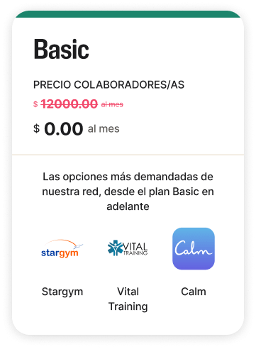 Se muestra una tarjeta de precios del plan Basic financiado por la empresa, que incluye opciones populares de bienestar. El precio habitual de $12000.00 al mes aparece tachado y marcado como gratuito.