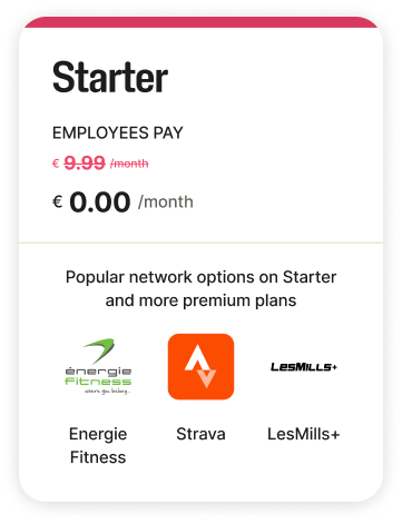 A pricing card is shown with company-funded Starter plan looks like with popular wellness options included and the normal price of $9.99 per month now crossed out and made free.