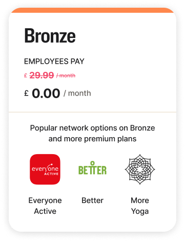 A pricing card is shown with company-funded Bronze plan looks like with popular wellness options included and the normal price of $29.99 per month now crossed out and made free.