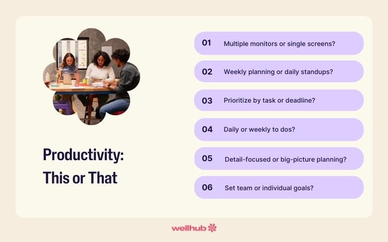 This or that questions exploring productivity preferences such as screen setup, task prioritization, planning frequency, detail focus, and goal-setting style.