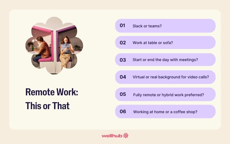 This or that questions highlighting remote work preferences, including communication tools, workspace comfort, meeting schedules, video call backgrounds, and preferred work locations.