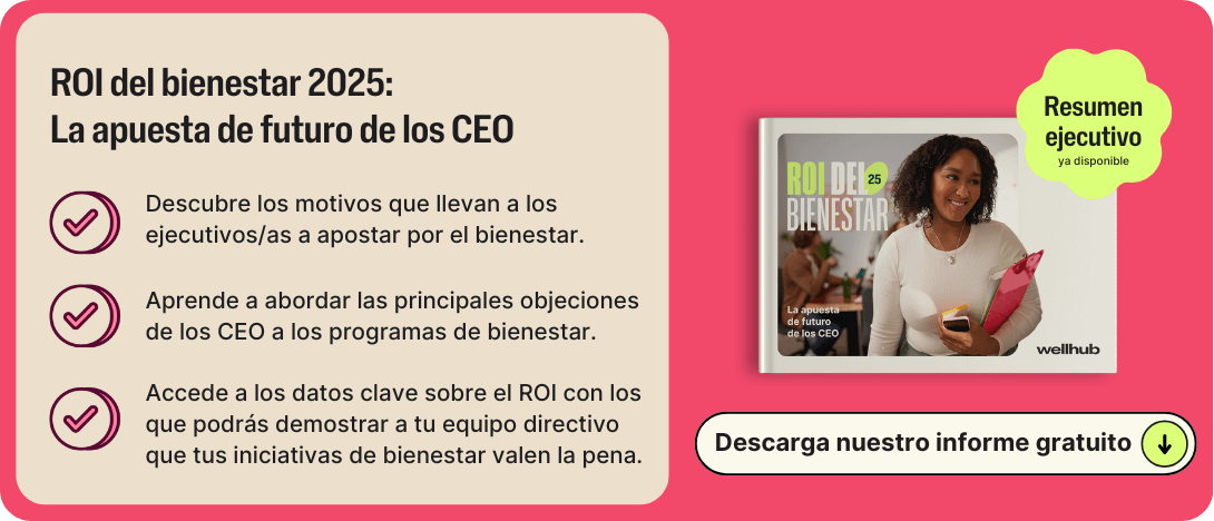 Gráfico promocional del “Informe ROI del Bienestar 2025” de Wellhub, con beneficios enumerados y un botón que dice “Descargar informe gratis”.