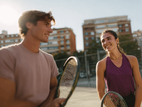 smiling man and woman holding tennis rackets on an outdoor court with buildings in the sunlit background.