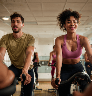 Uma mulher sorridente de cabelos cacheados e um homem participando de uma aula de ciclismo indoor em uma academia.