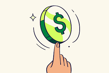 A hand balancing a spinning green coin with a dollar sign, featuring motion lines and a small sparkle.