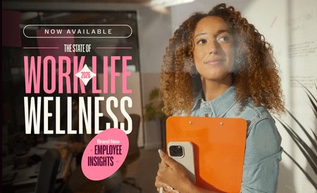 Image announcing "The State of Work-Life Wellness 2026" is now available, featuring a woman holding a clipboard and smiling.