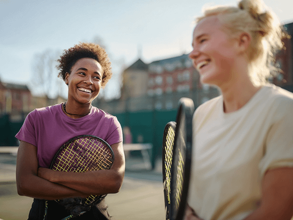 Two women smiling and laughing while holding tennis rackets on an outdoor court during a sunny day.