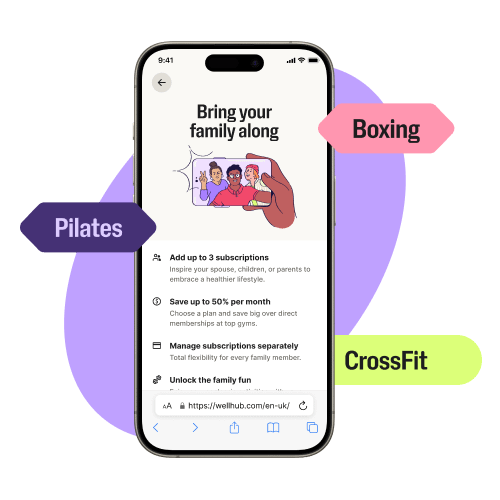 Smartphone showing the Wellhub family plan in english, surrounded by colorful tags for Pilates, Boxe, and CrossFit.