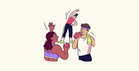 Três pessoas diversas a exercitarem-se, a alongar e a hidratarem-se numa ilustração colorida feita à mão.