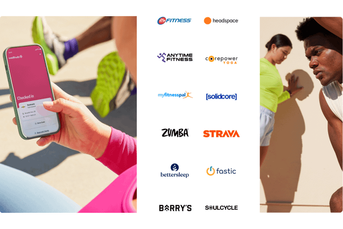 An image shows an employee using the Wellhub app to check in for a class. Logos are displayed showing some of the popular wellness brands available on Wellhub. 