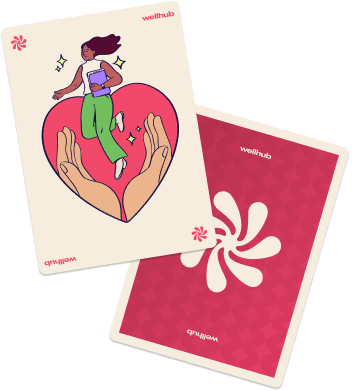 Two Wellhub branded cards, one showing a woman jumping inside a heart held by hands.