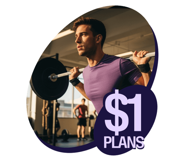 A man lifting a barbell in a gym with text overlay reading "$1 PLANS".