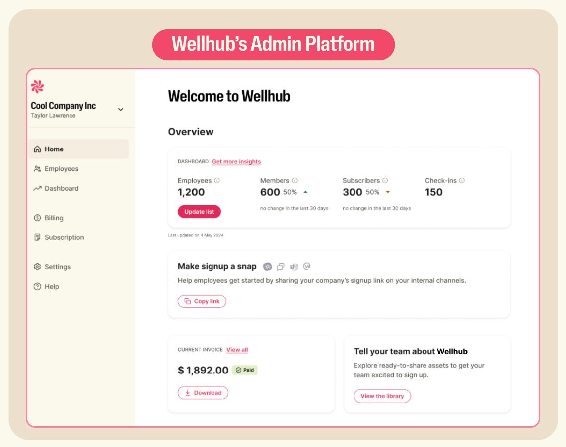 Screenshot of Wellhub's HR admin platform showing employee data, signup tools, invoice summary, and navigation menu.