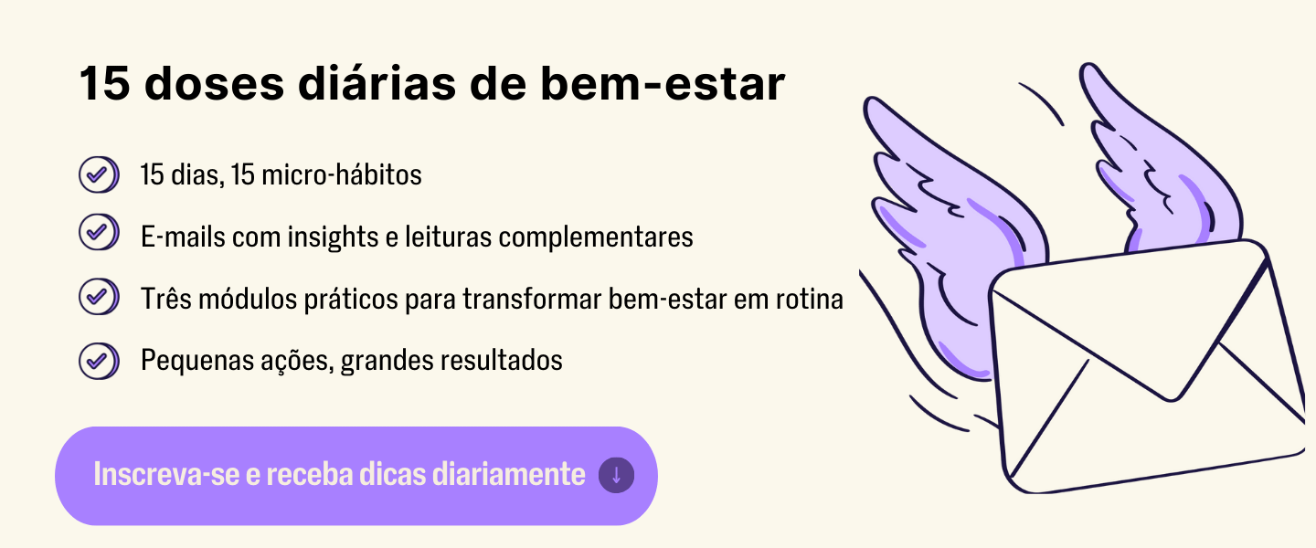 Banner promocional com o título “15 doses diárias de bem-estar”, lista de benefícios do programa (15 dias de micro-hábitos, e-mails com insights, três módulos práticos e pequenas ações com grandes resultados) e botão “Inscreva-se e receba dicas diariamente”, acompanhado de ilustração de envelope com asas simbolizando envio de e-mails.