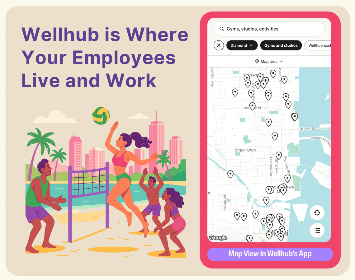 Illustration of people playing beach volleyball beside a cityscape, next to a smartphone screen showing a map with gym and studio locations in the Wellhub app. Text reads “Wellhub is Where Your Employees Live and Work.”