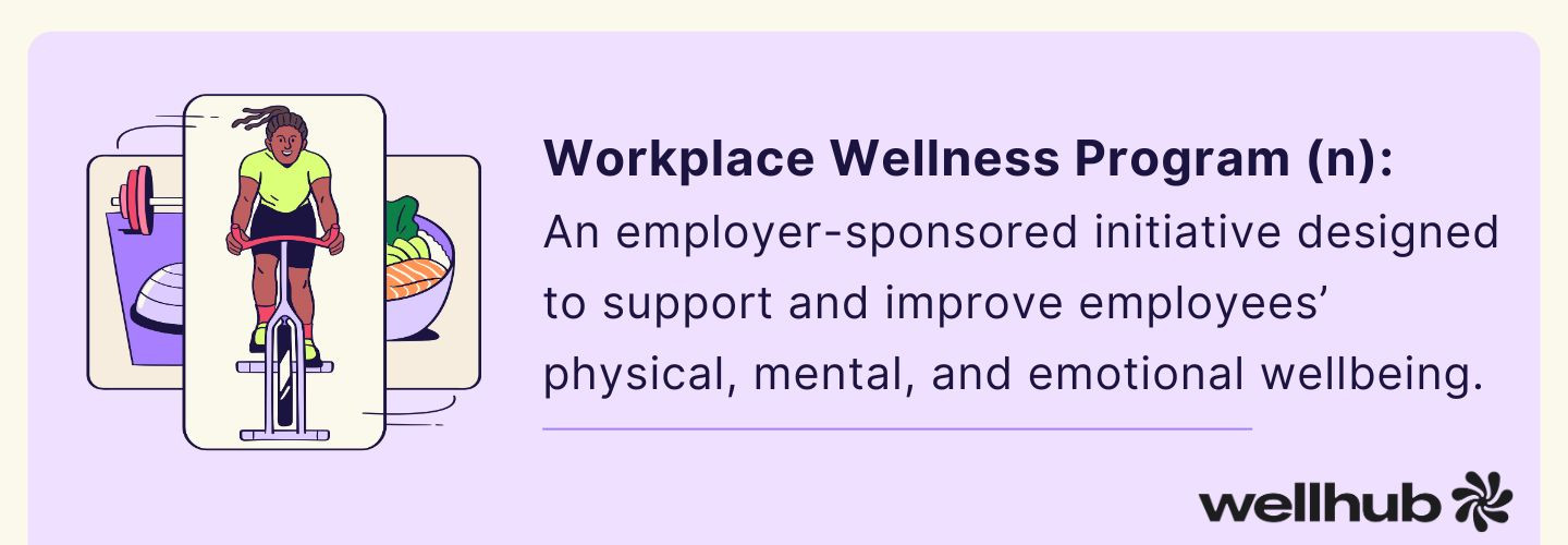 Illustration of a woman cycling with wellness icons behind her and text defining a Workplace Wellness Program as employer-sponsored support for physical, mental, and emotional wellbeing.