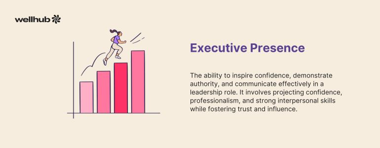  Infographic defining executive presence as the ability to inspire confidence, demonstrate authority, and communicate effectively. Highlights confidence, professionalism, interpersonal skills, and influence.