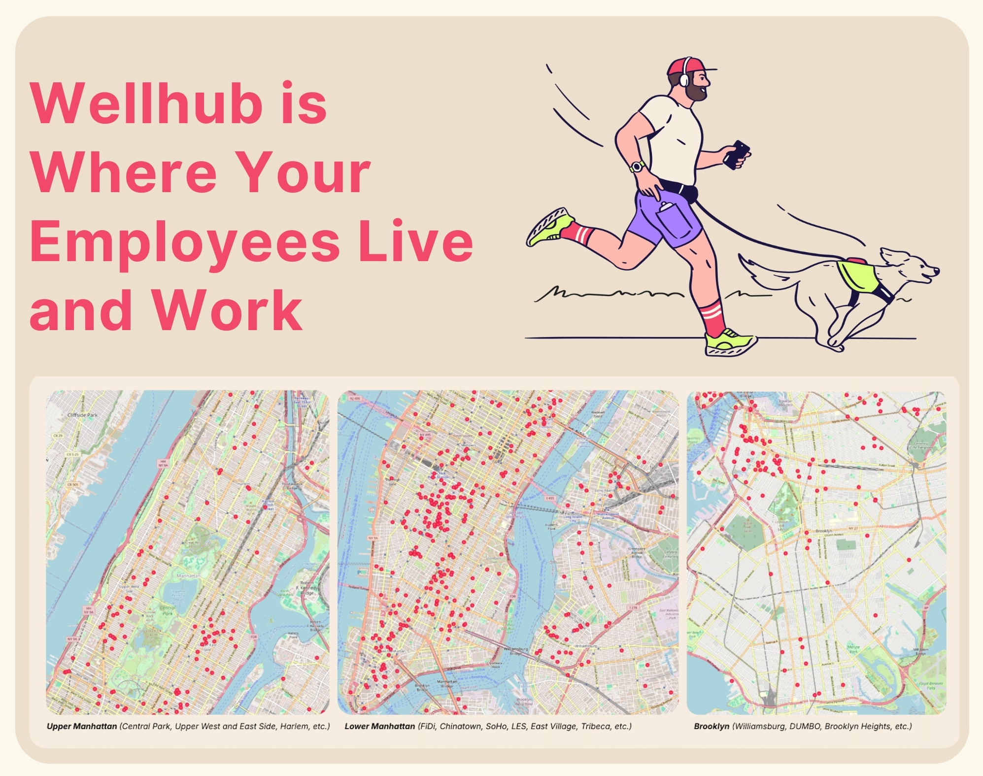 Map showing clusters of red dots across Upper Manhattan, Lower Manhattan, and Brooklyn, indicating employee locations. Text reads