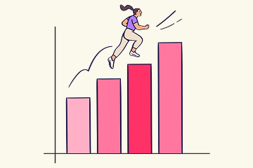 A woman jumping upward across rising pink bar chart columns, symbolizing progress and career growth.