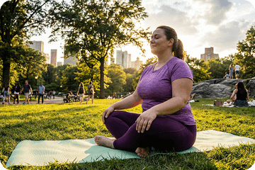 A woman sits in a meditative pose on a yoga mat in Central Park with the NYC skyline behind.