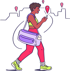 Illustration of a woman in athletic wear walking with a gym bag while using a smartphone navigation app.